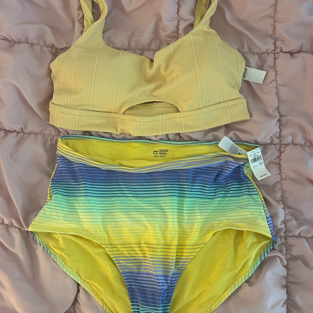 NWT Aerie High Waisted Yellow Striped Bikini XL